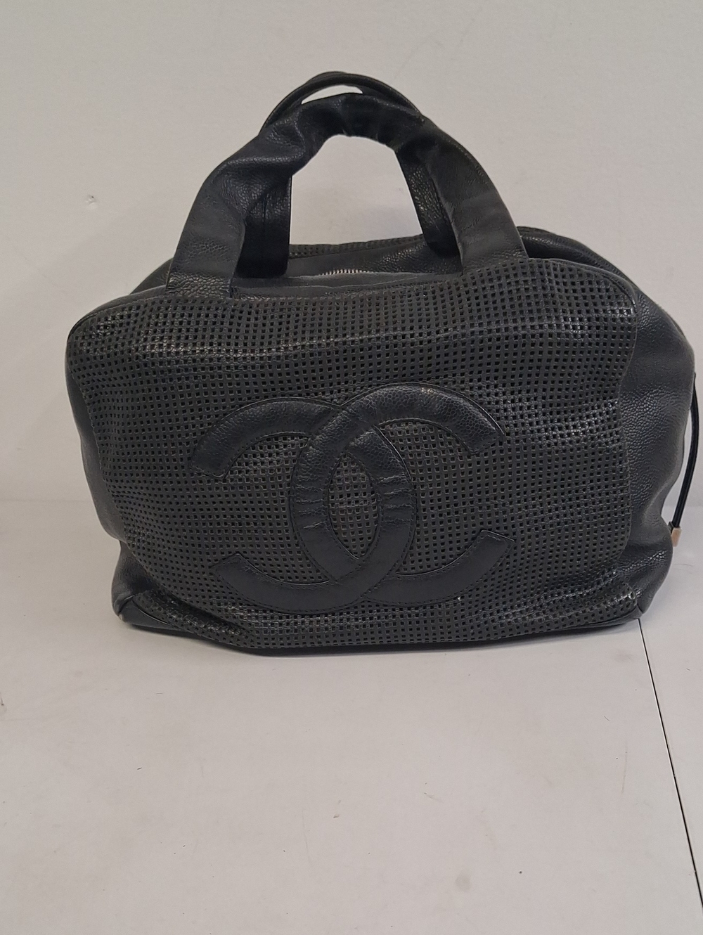RARE Authentic Chanel Black Punched Calf Leather Coco Mark Boston Bag